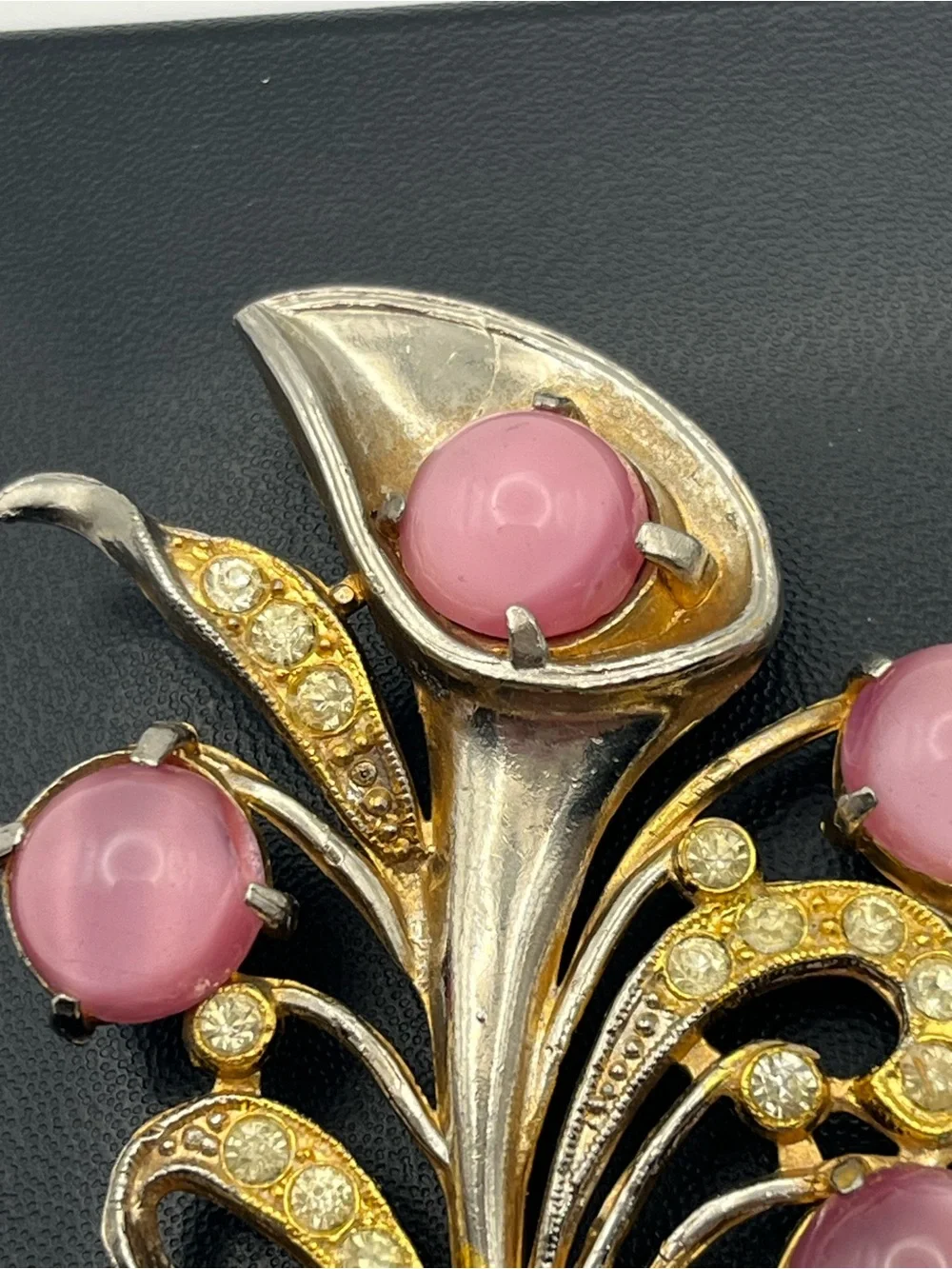 1950’s Mid Century pink moonglow cabochon stones flower bouquet brooch pin